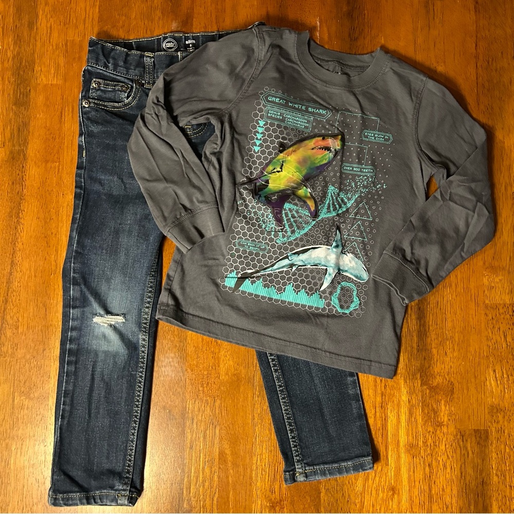 Holographic Shark Long Sleeve + Dark Wash Slim Jean Bundle Size 5 Boy Outfit Set - Picture 10 of 10